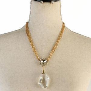 Gold Clear Stone Gem Pendant Necklace Cute Crystal Charm Set